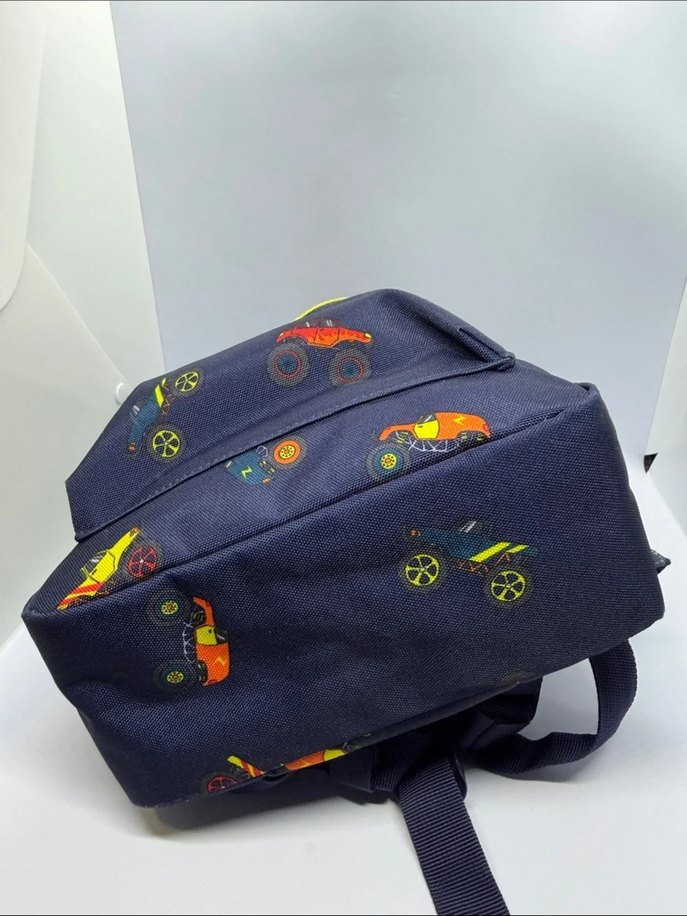 Navy Kids Backpack with Neon Yellow Accent and Racecar Print